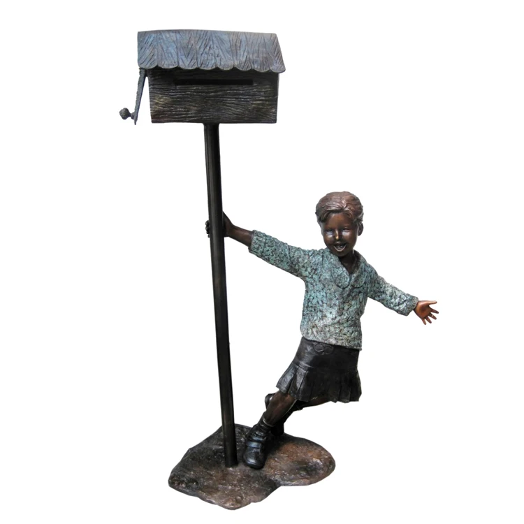 Modern garden decoration life size metal bronze sculpture of children little boy and mailbox