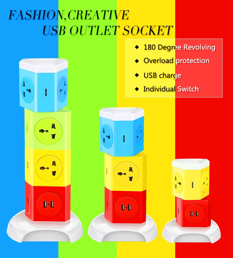best selling ABS 180 rotary colorful intelligent Multiple USB fast charging revolving extension power strip extension board