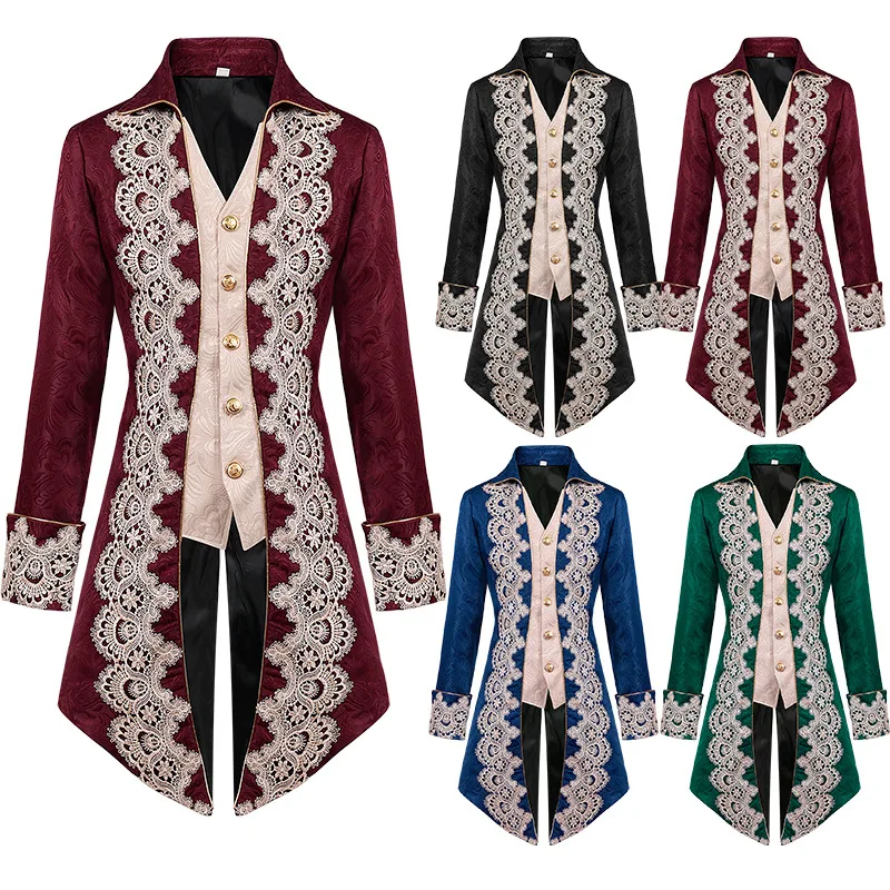 Nobleman King Prince Jacket Medieval Victorian Renaissance Lace Trim Halloween Cosplay Gothic Tailcoat Party Stage Costumes