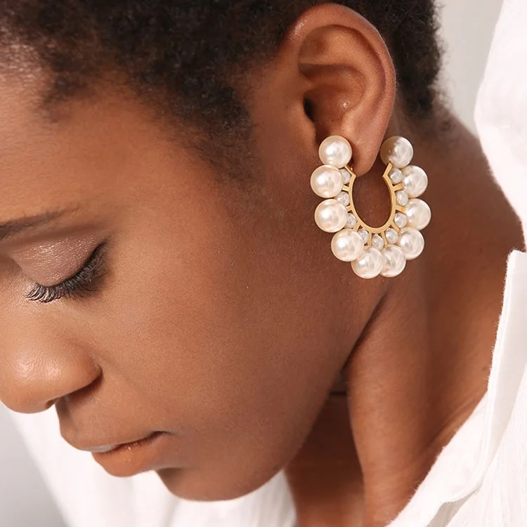 Высокое качество, 18K, позолота, нержавеющая сталь, ювелирные изделия Большой Круг Имитация жемчужные серьги в виде колец, EB181094