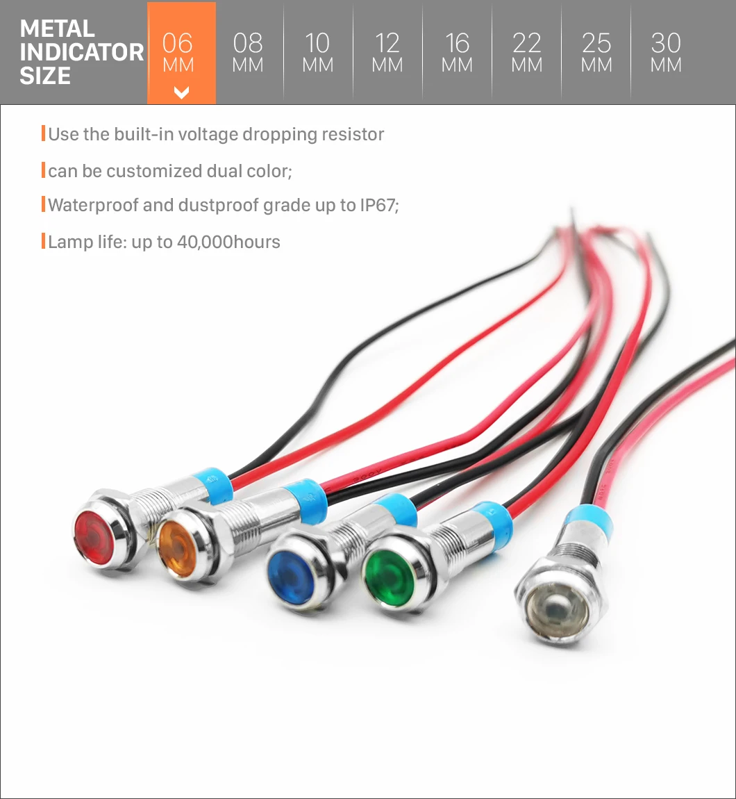 Waterproof 6mm metal led indicator light RG RB 3V 6V 24V  indicator lamp wire 15cm