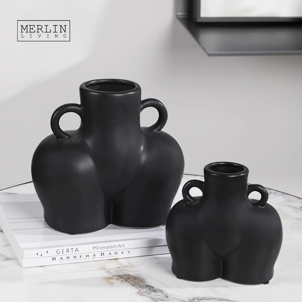 Merlin Living Matte Human Body Sculpture Ceramic Nude Art Butt Vase Modern Home Decor Vase Modern for Black Vase Decoration