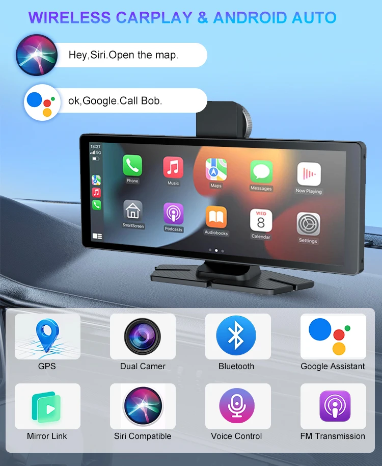 10.26 Inch IPS Portable Monitor Wireless Carplay Android Auto Mirror Link HD Display Audi Nissan Universal Multimedia Car