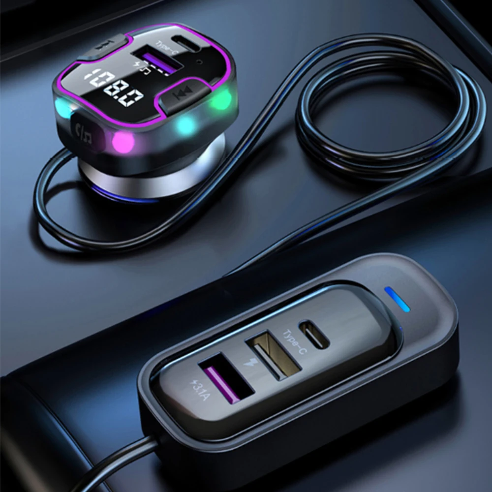 Backseat Multi-port USB Car Charger Transparent Shell Car FM Transmitter Bluetooth Radio Adapter Colorful Light Mp3 Player