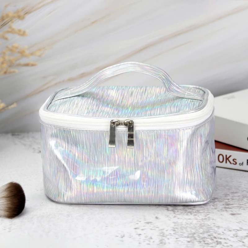 Пользовательский логотип Портативный Макияж сумка серебристый лазер PU дорожные туалетные принадлежности сумка для женщин