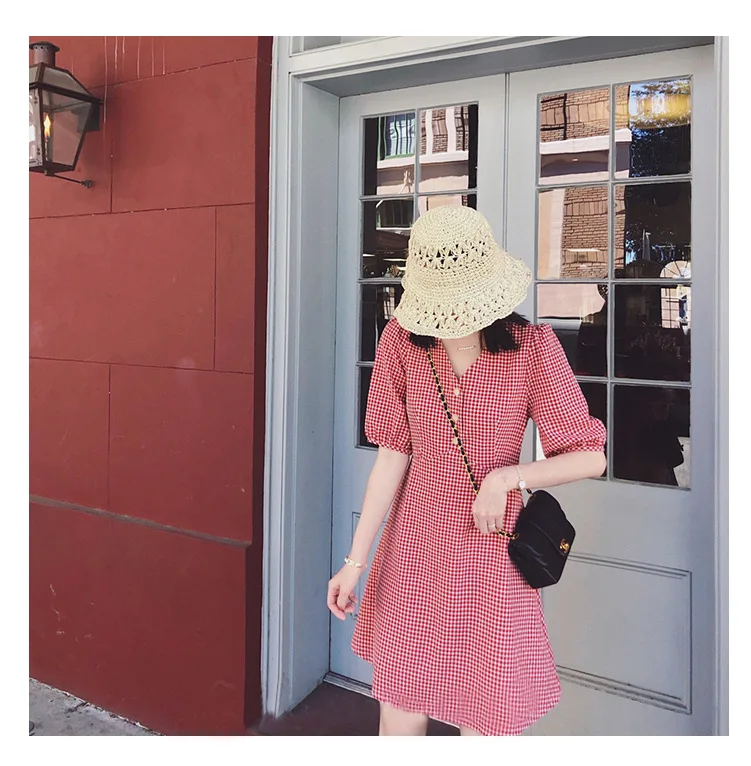 Cotton Linen Plaid Summer Dress Korean design Chic Women Casual Midi Dress