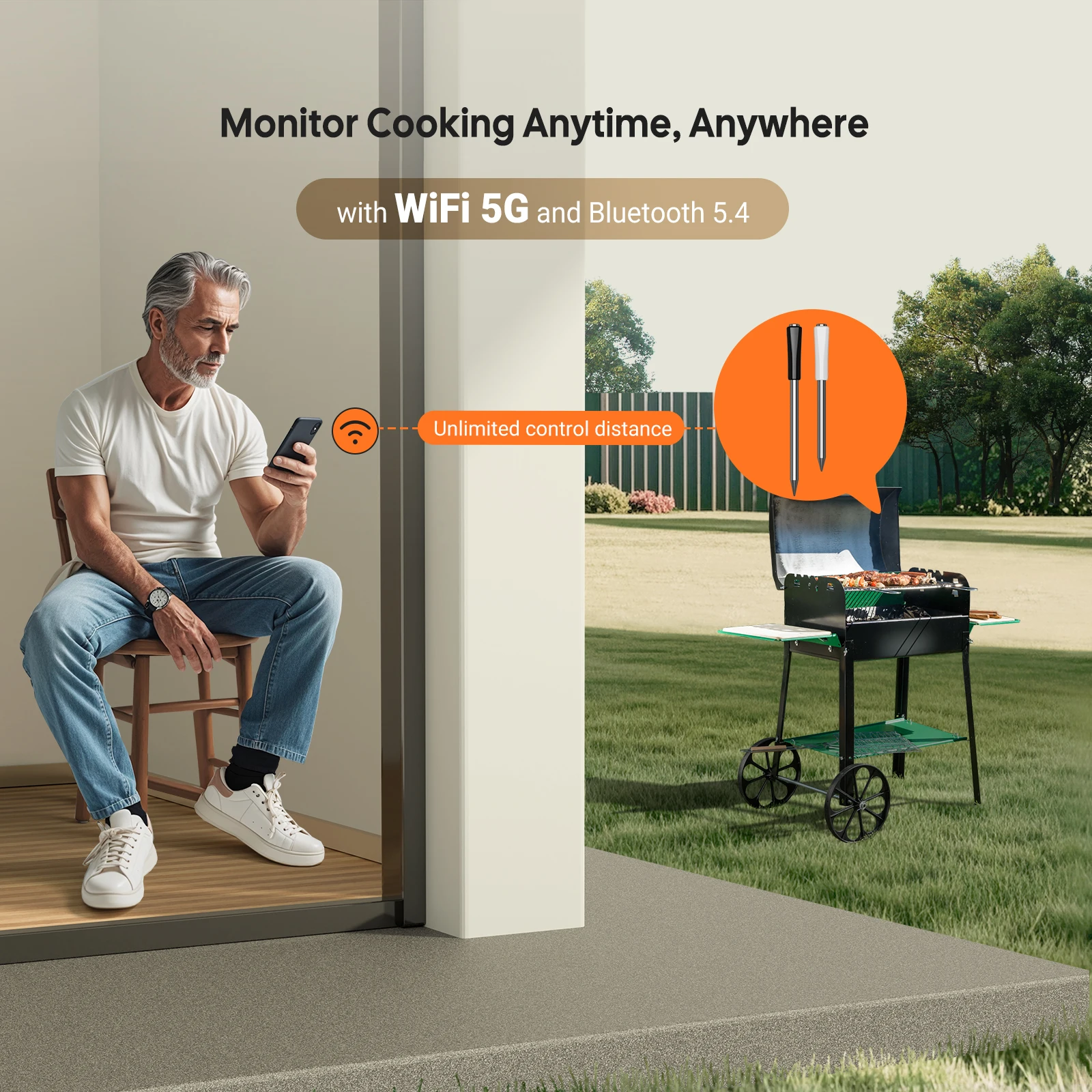 INKBIRD Wireless BBQ Thermometer with Long and Short Probe Combo for Everyday Cooking, Grilling, Barbecuing INT-12-BW