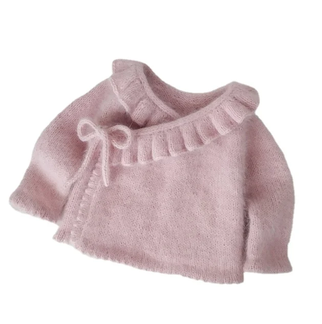Winter Newborn Baby Girls Pink Sweater Woolen Ruffle Kimino Cardigans Tie Infant Knit Coats