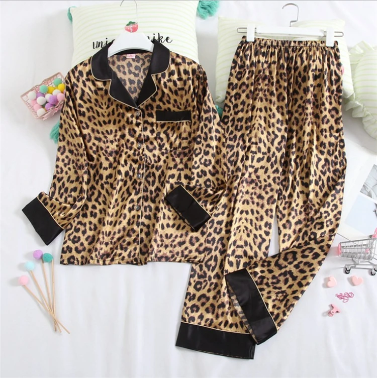 Hot sale Leopard Print silk pajamas Long sleeve 2 Piece  Nightwear for woman