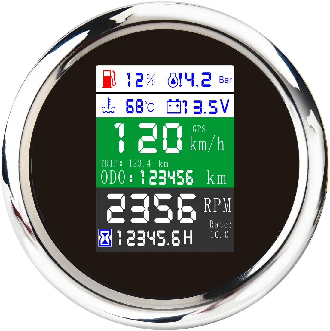 85mm Digital 6 In1 10Bar Oil Pressure 24V Voltage GPS Speedometer Tacho RPM Tripmeter Water Temp Meter