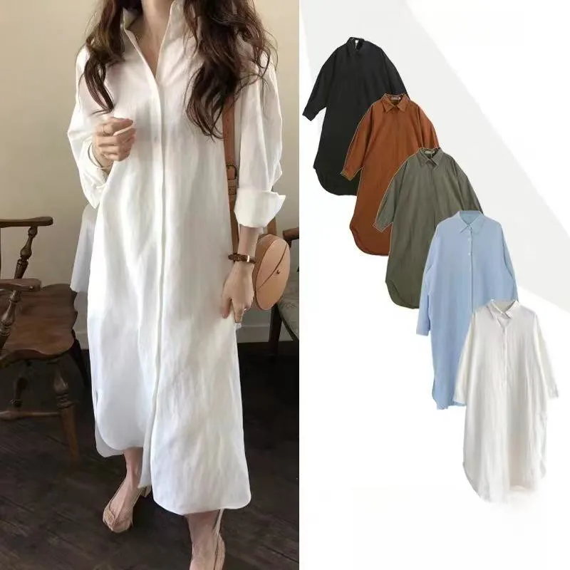 PDEP  Korea lazy wind simple long over the knee shirt dress solid colour lapel cardigan long sleeve cotton dresses women casual