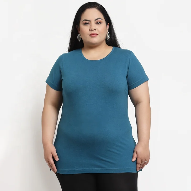 Plus Size Oversized Big Check T-Shirt Split Hem Large Woman Big Size T-Shirts, Organic Cotton Solid Big T Shirt For Women