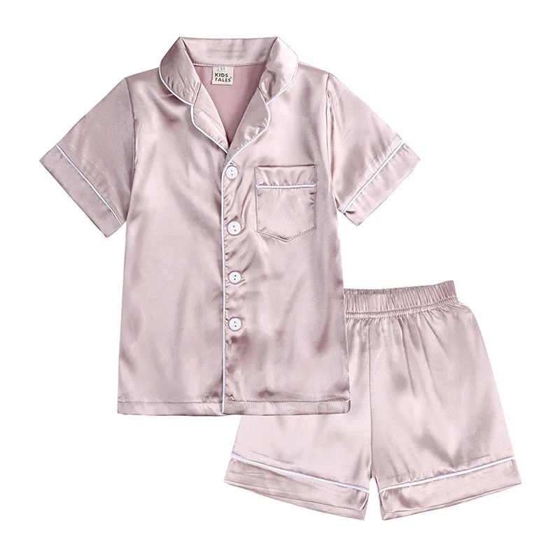 Custom Classic Summer Kids Silk Satin Pajamas Set 2pcs Short Sleeve Lounge Wear Sleepwear Kids Silk Pyjamas Set for Girls Boys