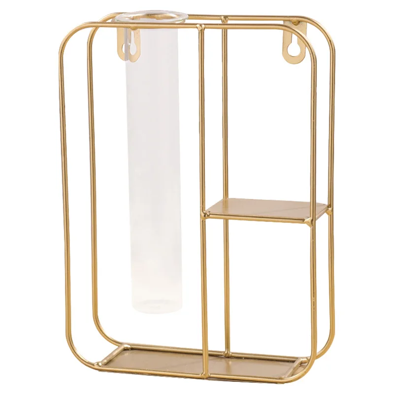 BSCI Factory Creative Iron Art Hydroponic Glass Vase Holder Home Decor Wall Hanging Gold Glass Flower Vase