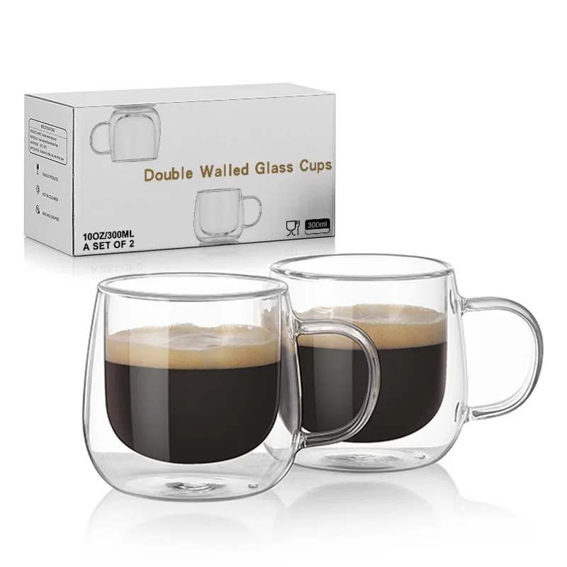 Christmas Gift High Borosilicate Double Wall Layer Glass Coffee & Tea Mug Clear Heat/Cold Resistant Cup With Handle