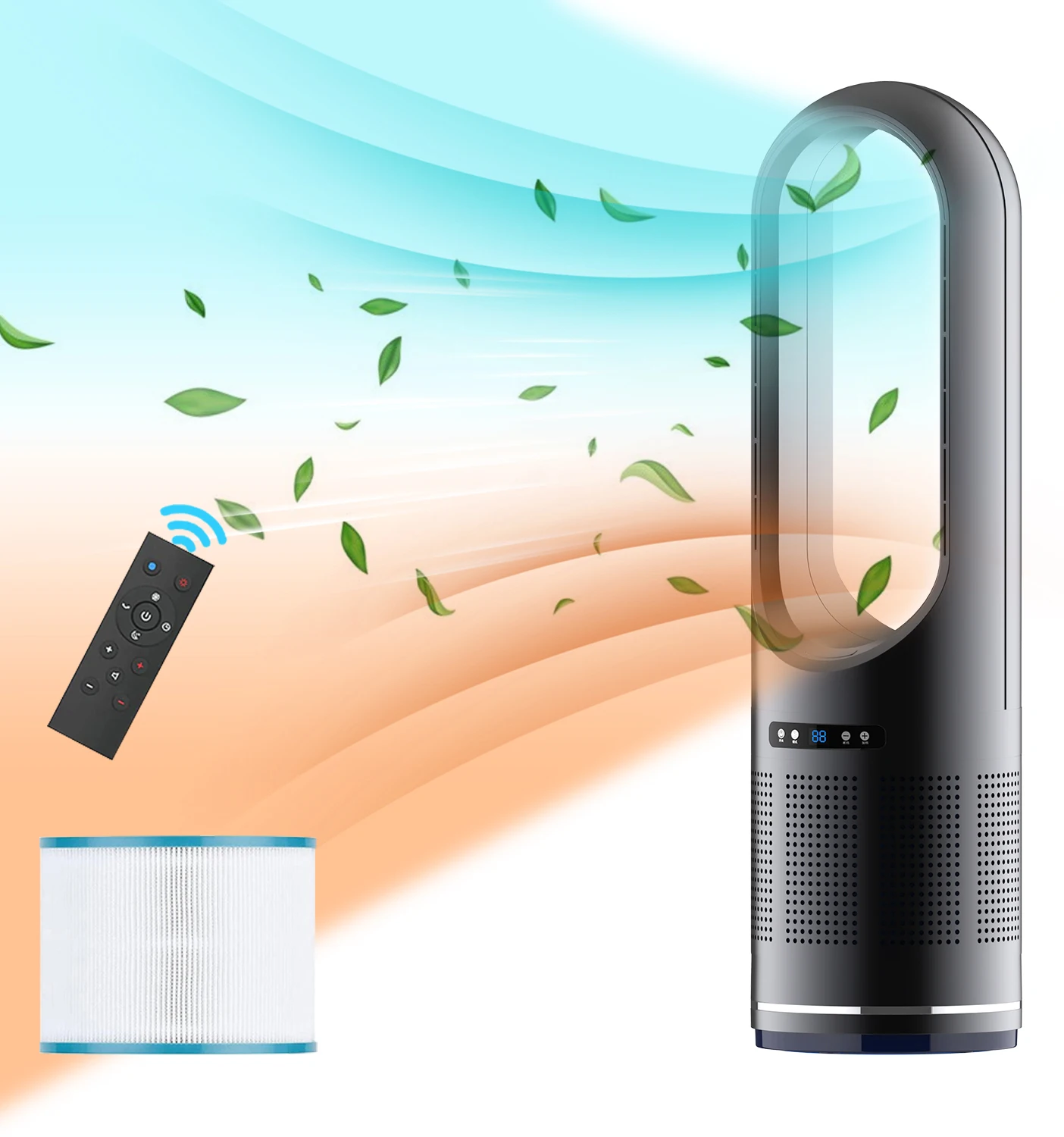 3 IN 1 Air Purification Cooling Heating Electronic Fan Tower Standing Bladeless Fan with Wifi App Control