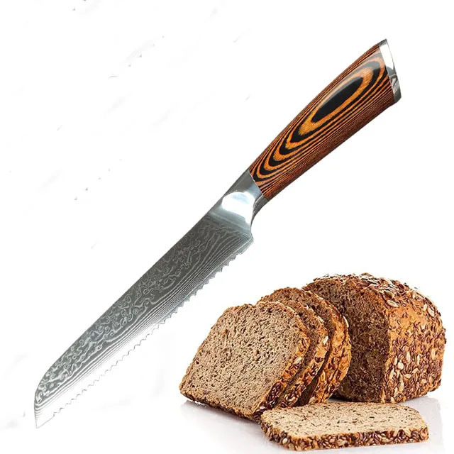 Top quality  8Inch Damascus bread knife 67 layer knife with Pakka wood handle for hotel