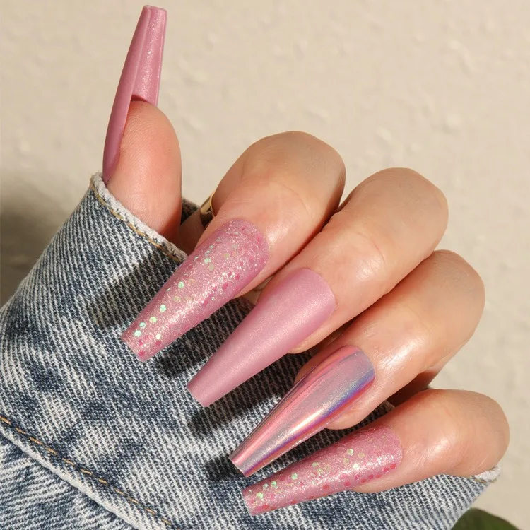 Enppode Long Fake French Tip Press on Nails Coffin Stick with Butterfly for Women Design Purple Finger ABS Paper Box+opp Bags