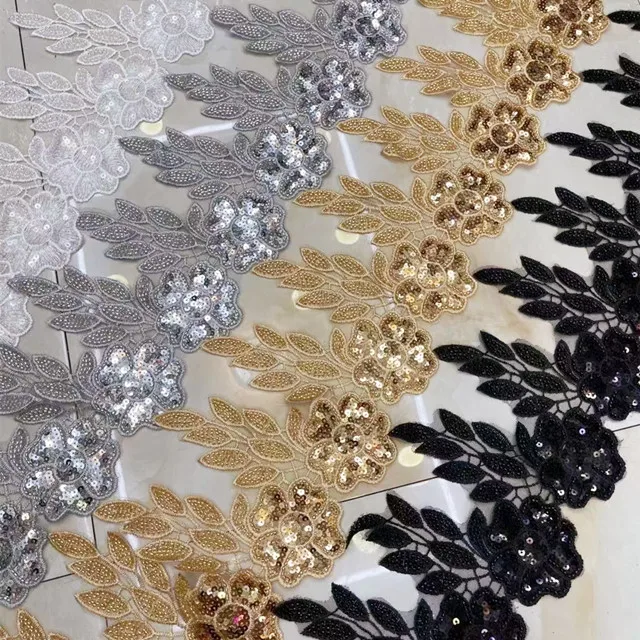 leaf shape flower machine made embroider organza pearl rhinestone seed bead lace trimming tape for dress