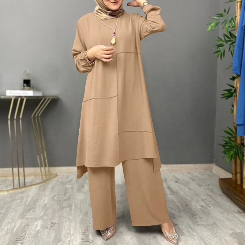 Elegant Long Sleeve Blouse Wide Leg Pants Sets Women Casual Tracksuit Muslim Two Piece Abaya Sets Solid Loose Outfits 2PCS Suit