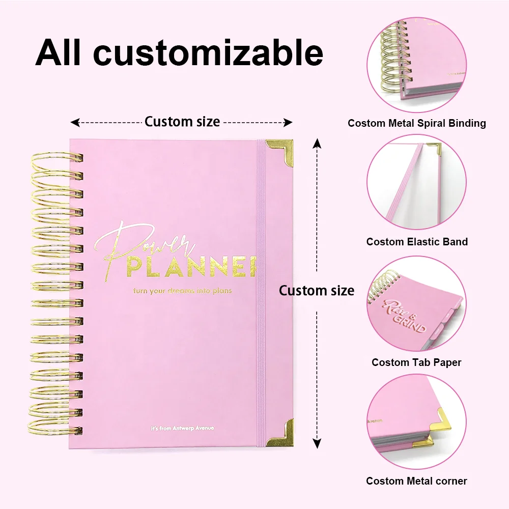 Custom Printing 2022 2023 Pink Hardcover A5 Daily Weekly Monthly Organizer Diary Journal Agenda Planner Spiral Notebook