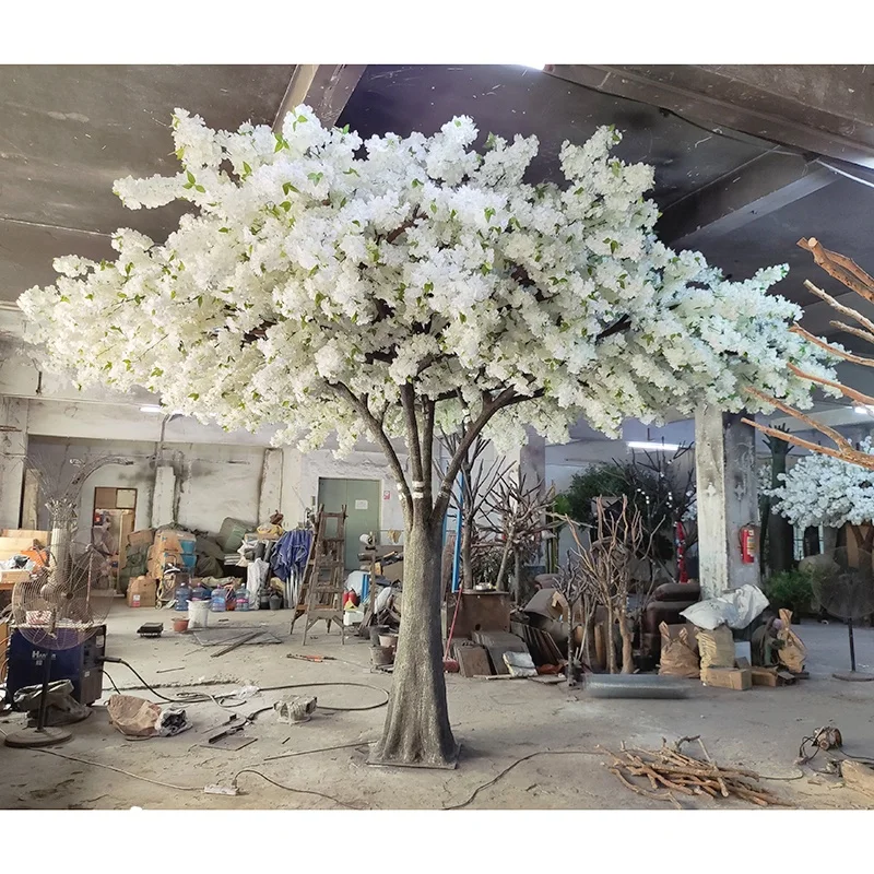 Creative design hotel mall indoor wedding decoration white flower trees fiberglass artificial plants birch blossom tree