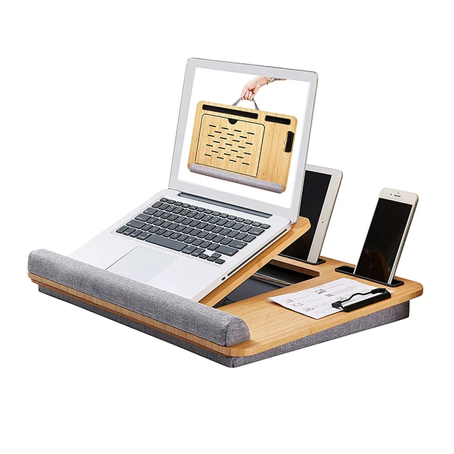 Adjustable Angles Portable Folding Standing Light Weight Laptop Tray Portable Tablet Holder Bamboo Laptop Stand with Cushion