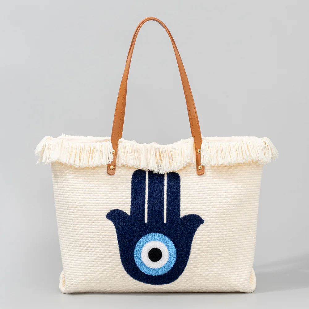 Wholesale Custom New Arrival Fashion Evil Eyes Tote Bag Bohemian Portable Canvas Shoulder Bag Top Fringe Beach Bag