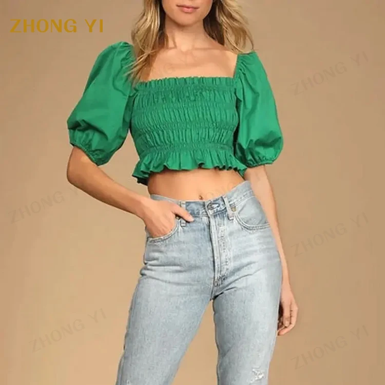 Customization Elegant Ruffle-Trim Smocked Blouse Cropped Top For Women High Quality Lady Fashion Trendy Summer Female Crop Top