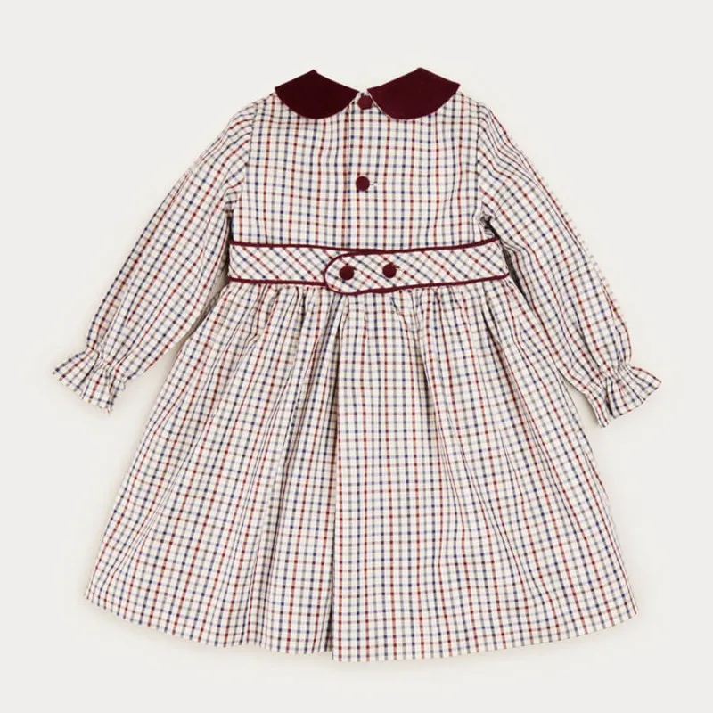Custom Spanish Vintage Autumn Plaid Peter Pan Collar Children Boutique Long Sleeve Frocks Brands Clothes Kids Baby Girl Dresses