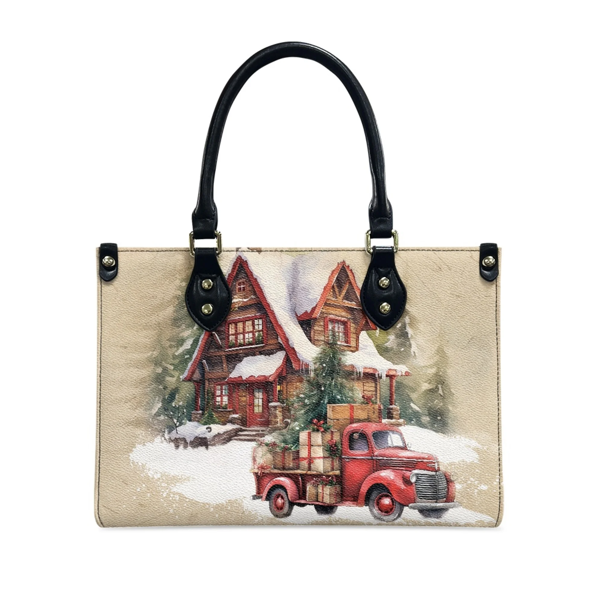 Fashion High Quality Custom Printed Ladies PU Leather Handbags Christmas Oil Painting Style Print On Demand Women Handbag