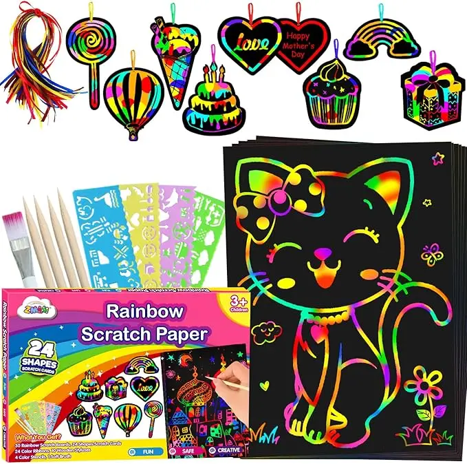 Rainbow Scratch Paper Art Magic Black Scratch Off Paper Art Sheets for Kids with Wooden Stylus Soft Brush and Drawing Stencils