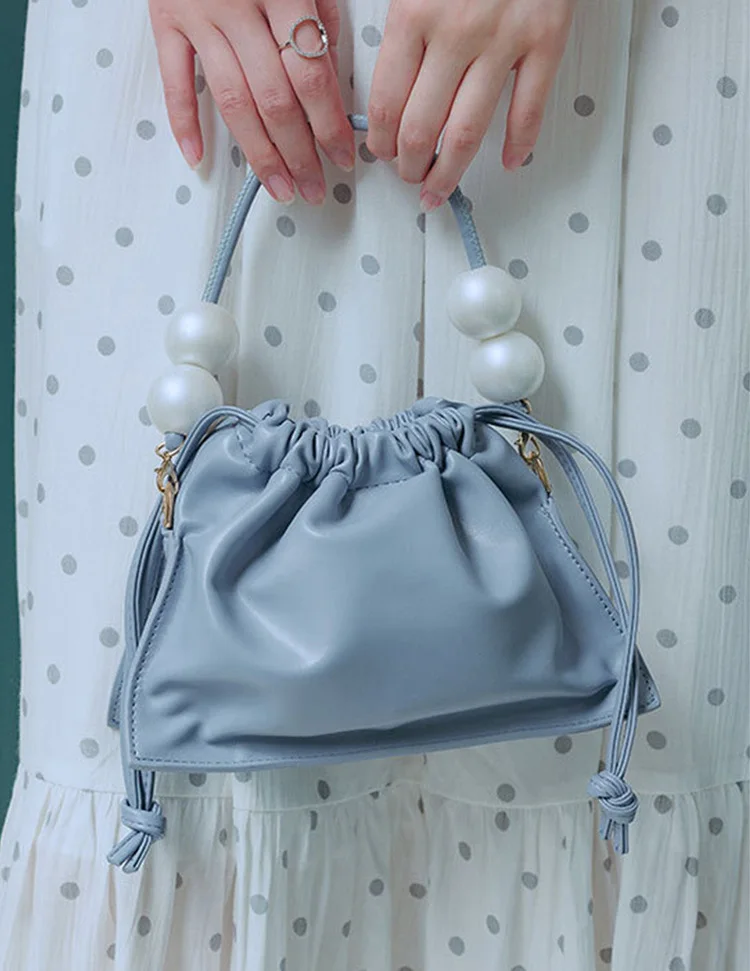 Ladies Portable Small Square Bag Pearl Suitable for Leisure Life Hand Drawstring Soft PU Leather Polyester Customized Summer Bag