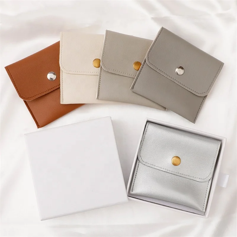 Multiple Colors PU Leather Jewelry Bags Snap Button Necklace Ring Earring Gift Pouch