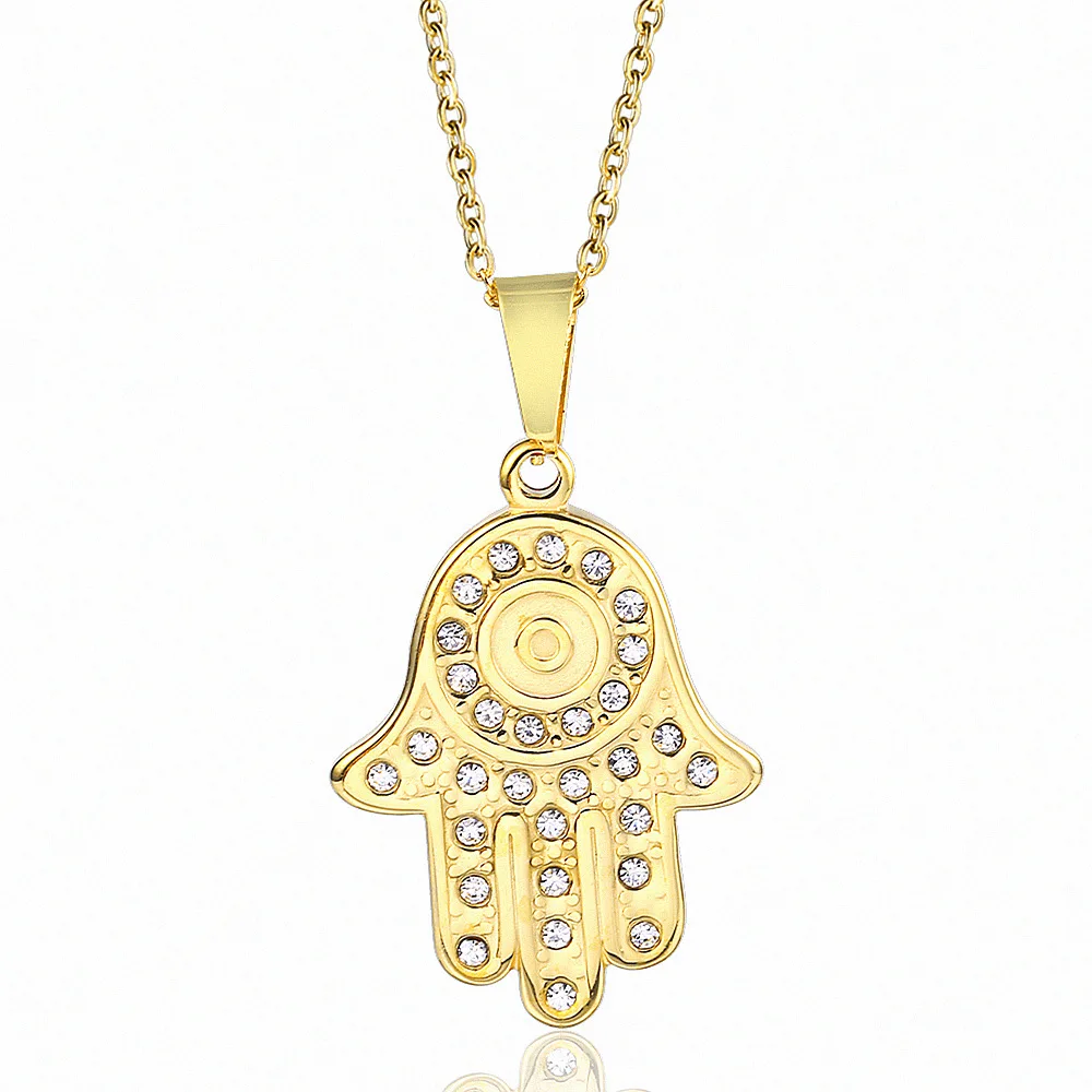  Fatima Palm Diamond Pendant Unisex Stainless Steel Necklace Titanium Jewelry 18K