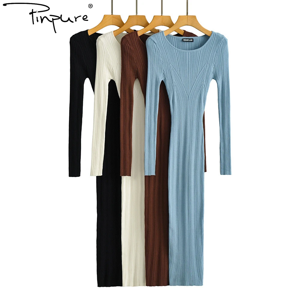 R50559S 2021 fall Fashion solid color round neck geometric knit slim dress