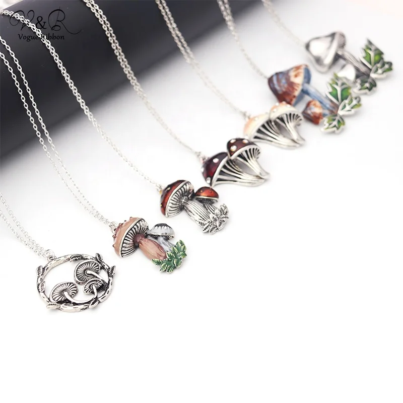 V&R Fashion Jewelry Vintage Cartoon Cute Mushroom Pendant Silver Necklaces For Women