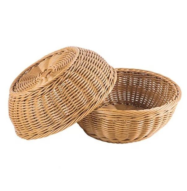 Woven Bread Basket Poly Wicker Round Stackable Basket Tabletop Food Fruit Vegetables Serving Basket