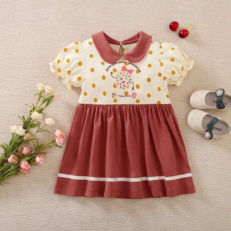 Printed baby girl dress cotton sweet doll collar retro brown cartoon cookie design spot wholesale