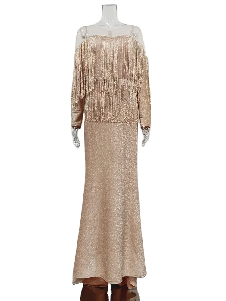 TWOTWINSTYLE Fashionable High Waist Midi Spliced Tassel Sequins Women Dress 2023