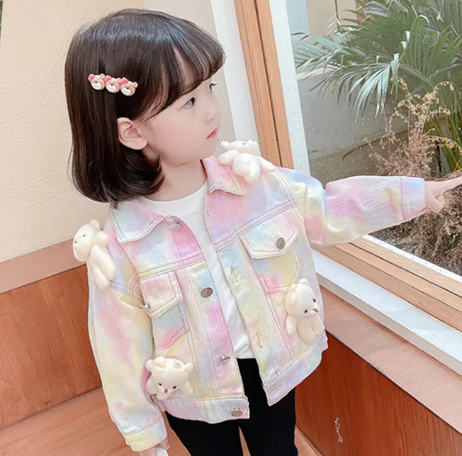 Ivy83629A 1-7Y Girls Baby Cute Little Bear Tops 2023 Kids Spring Autumn New Fashion Fancy Jackets Girls Tie Dye Denim Coat