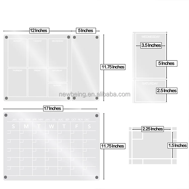 Set of 3 Planning Dry Erase Board Clear White Month and Week Planner Acrylic Magnetic Memo Calendar for Fridge