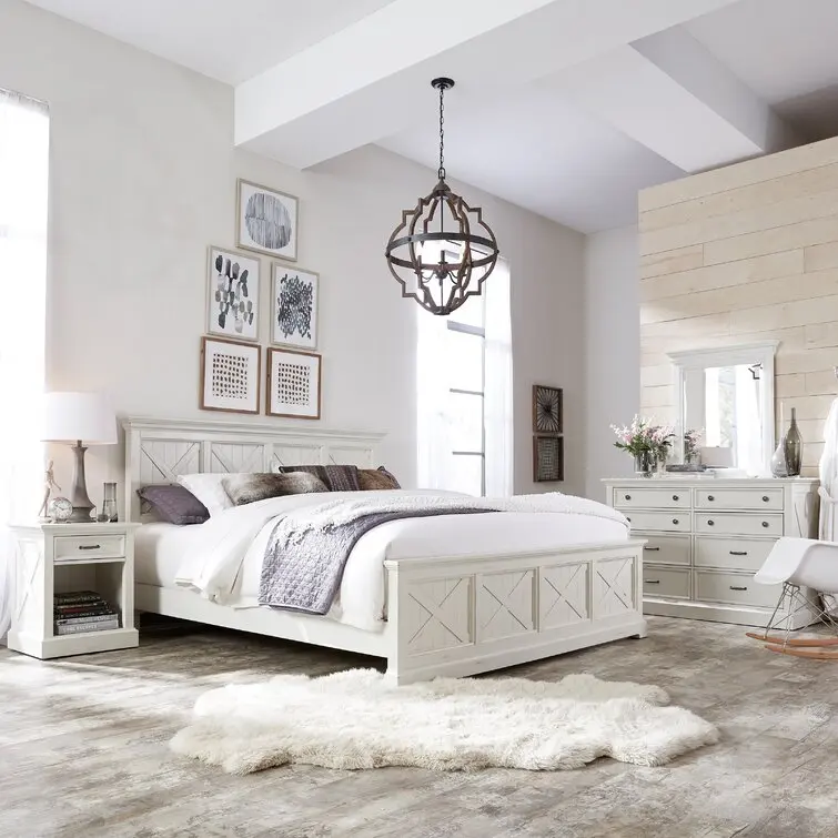 Odyhome DB393 Customized White Wood Hotel Bed For One Person Queen Size Barn Platform Bed Frame With Wooden Headboard