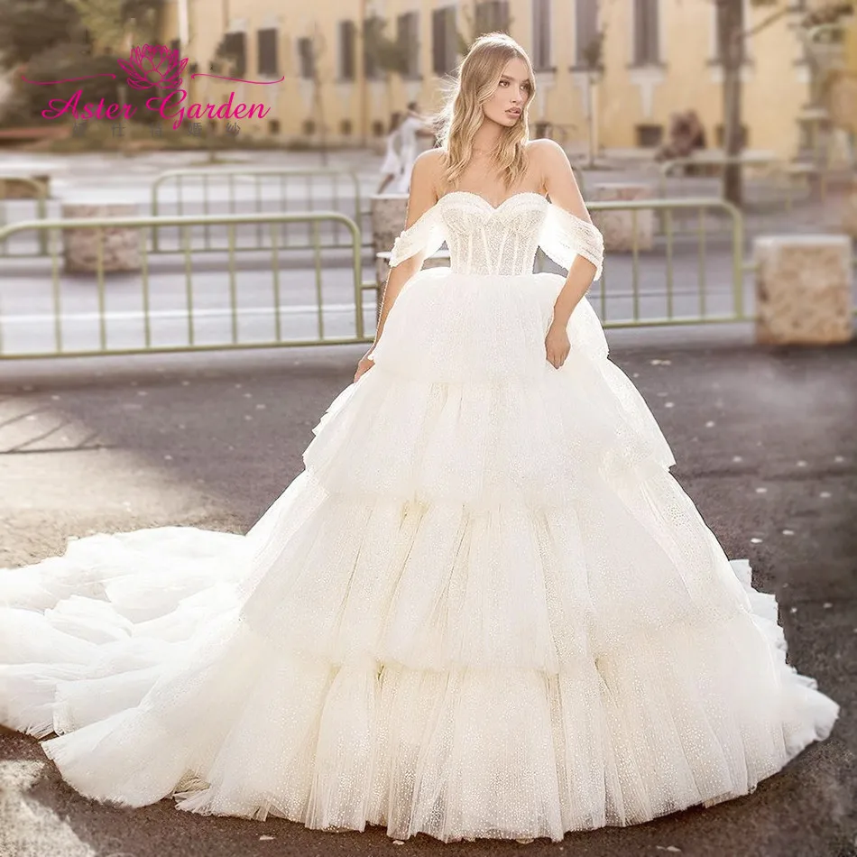 Aster garden A-Line Wedding Dress 2021 Ruffles Ruched Tulle Beaded Sweetheart Cap Sleeve Princess Bride Gowns Vestido De Noiva