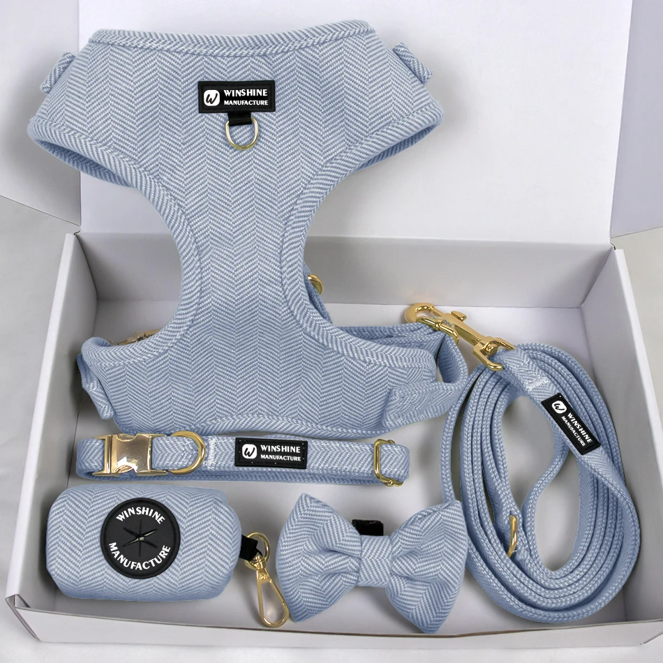 Personalized No Pull Tweed Pet Dog Harness Leash Lead Collars Set Custom Logo Wholesale Manufacturers Luxury pet boutique