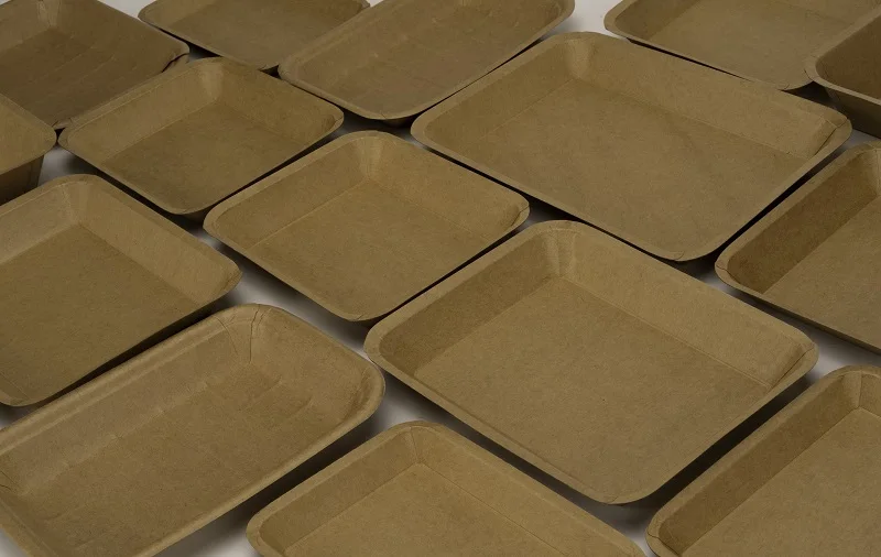 Supermarket Packing Tray with Cling Film Wrap Brown Kraft Paper Disposable Plate Tray