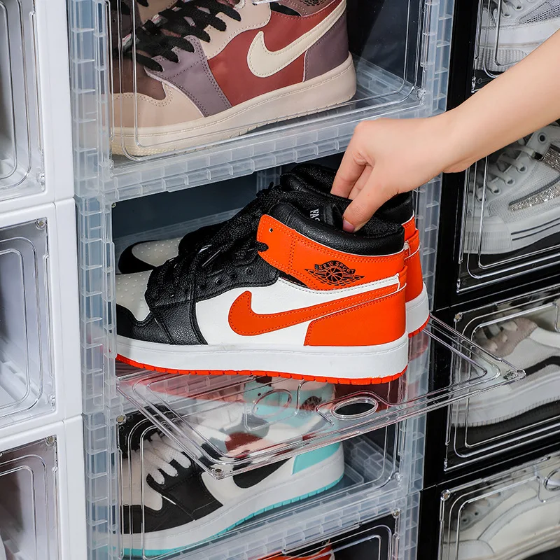Stackable Foldable Front/Side Open Shoe Storage Box with Clear Magnetic Door Large Plastic Sneaker Organizer Display Case
