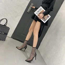 New Mesh Net Crystal Women High Heels Sexy Party Boots Shoes Full Rhinestone Fishnet Hollow Cuts Socks Boots