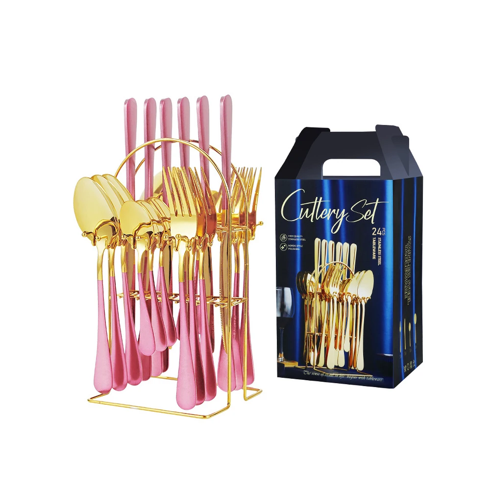 24PCS knife spoon fork stainless steel cutlery set matte white royal gold plated cutlery flatware set