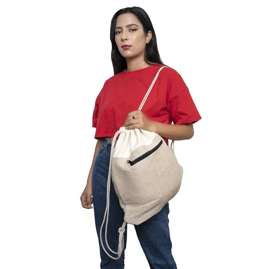 Eco-Friendly Burlap Cotton Canvas Jute Hemp Drawstring Backpack Gym and Cycling Sport Bag for Shoes